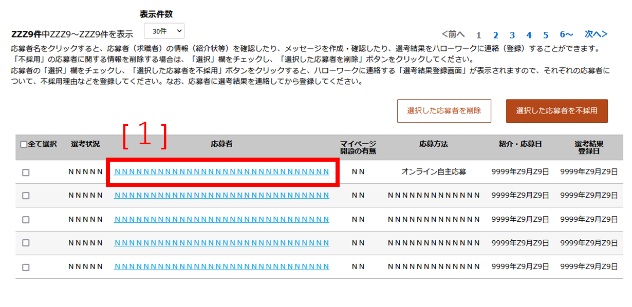 応募者の一覧